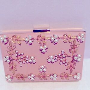 New Pink Evening Clutch with Pearl and Gold Accents and Sophisticated Detailing